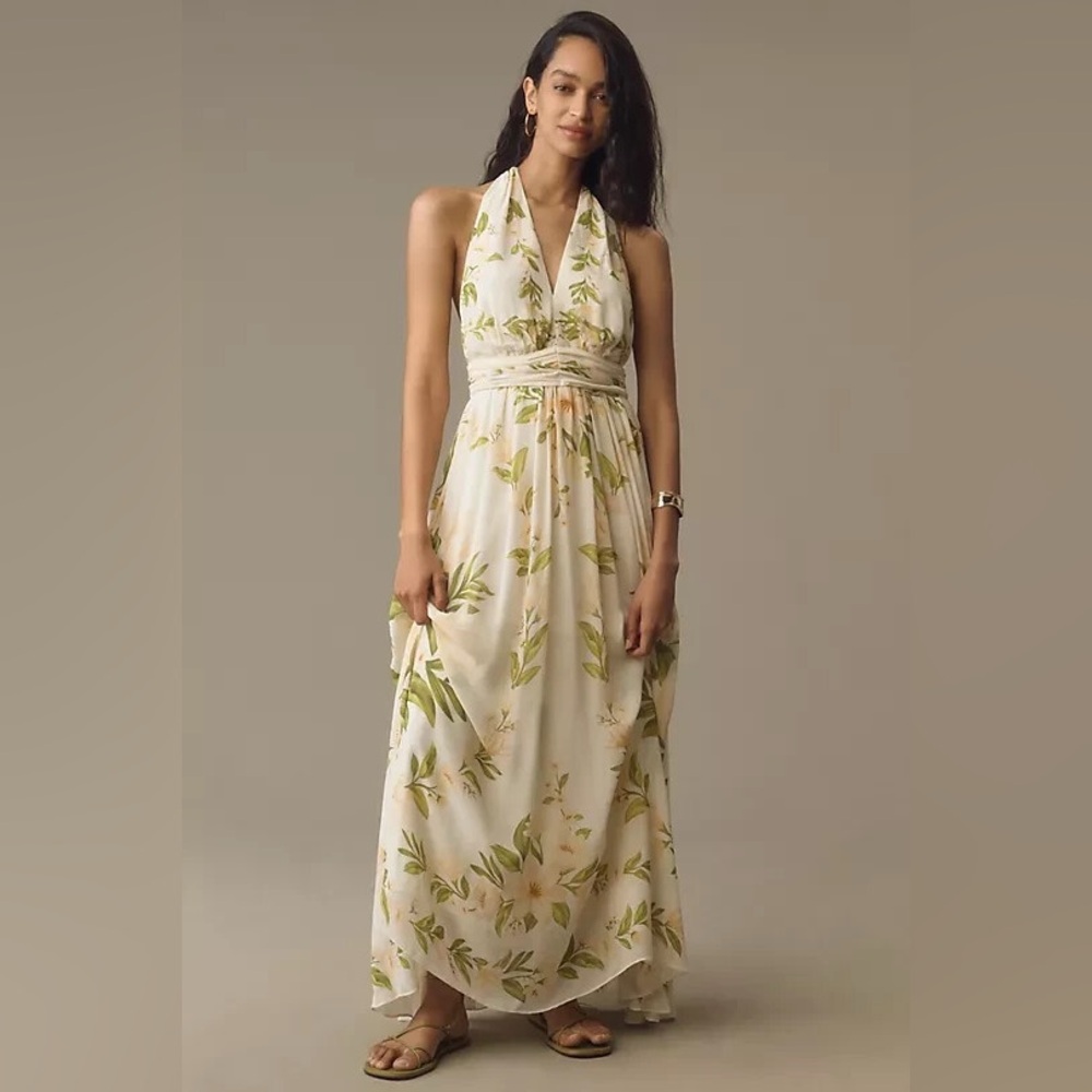 Anthropologie Cream and Green Floral Maxi Dress